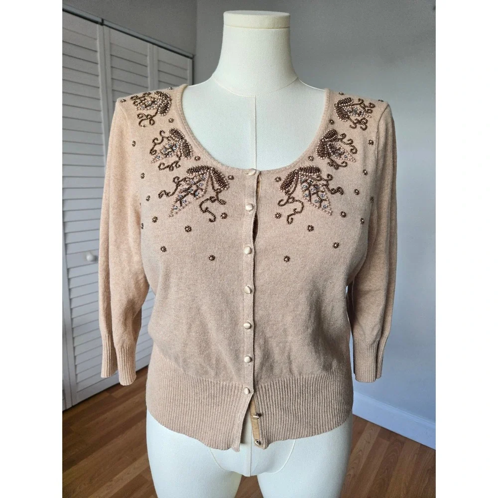Sigrid Olsen Silk Cashmere Beaded Cardigan XL Romantic Coquette Quiet Luxury